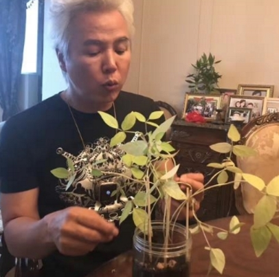张庭晒林瑞阳为女儿照顾豆苗的照片 配文父亲对女儿的爱